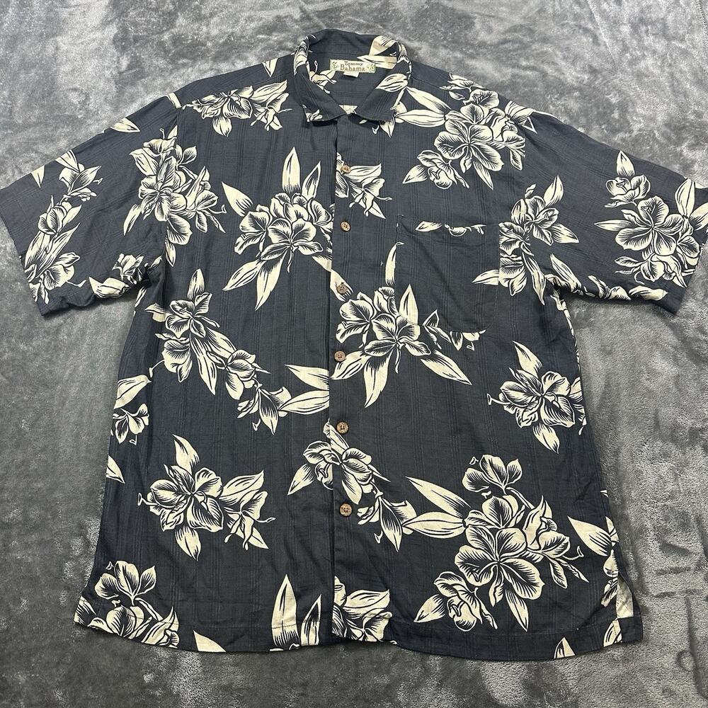 Tommy Bahama Shirt Mens Large Black‎ Button Up Hawaiian Floral Aloha Camp